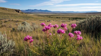Vibrant Pink Flowers in Open Prairie Landscape with Distant Mountains