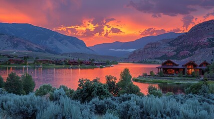 Vibrant sunset over lake with mountain cabins.