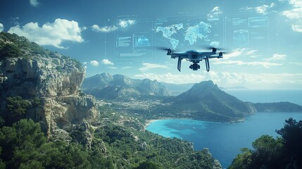 Drone flying over picturesque coastline with overlayed data visualization.
