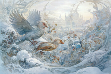 two graceful birds with white and bluish plumage against the background of a winter fairy-tale landscape.  