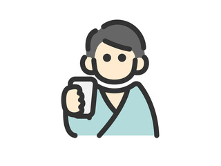 健康診断で、バリウムを飲む女性のアイコン（線画カラー）のイラスト