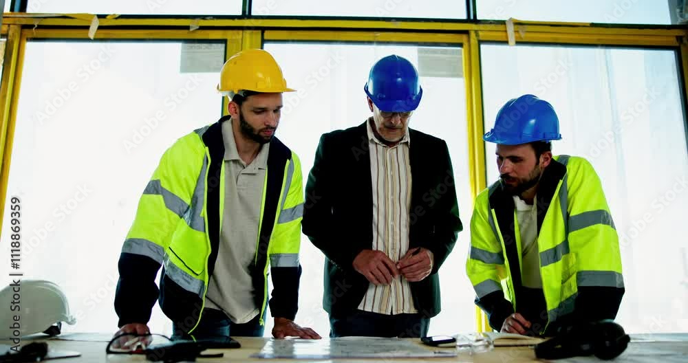 Aufkleber Meeting, industry and construction team on site with planning for building maintenance. Discussion, blueprint and group of civil engineers work on architecture project for property development.