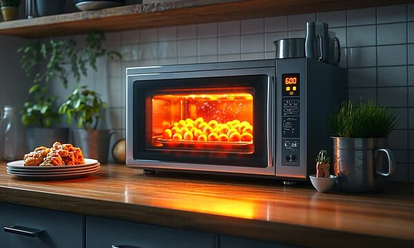 A microwave with illuminated food inside, next to a plate of cooked dishes on a wooden counter.