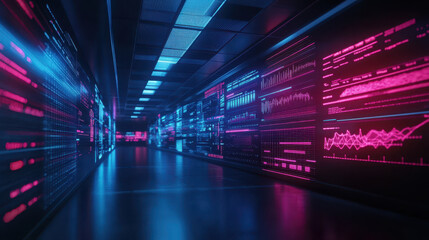 Futuristic data visualization with glowing holographic charts and graphs in high tech environment. vibrant colors create engaging atmosphere for financial analysis
