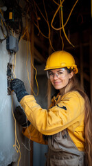 A woman worker, wearing a helmet and construction attire, is engaged in electrical work with cables in an industrial setting