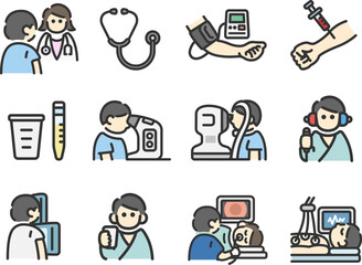 健康診断のメニューのアイコン（線画カラー）のイラストセット