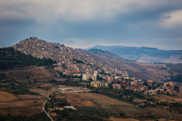 Italy, Sicily, Palermo Province, Gangi. View of the town of Gangi in the mountains of Sicily. August 2024.