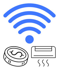 wireless signal icon above a dollar coin and air conditioning unit emitting lines. Ideal for smart home technology, energy management, remote control, cost savings, connectivity, automation, climate