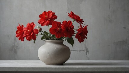 Red flowers in vintage vase on white table