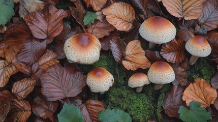 Autumn mushrooms cluster on damp forest floor, surrounded by brown and green leaves and moss.