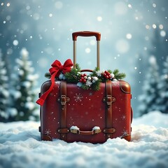 suitcase ready for holiday adventures amidst a snowy backdrop. Ideal for travel brochures, holiday greeting cards, or social media posts celebrating the spirit of the season