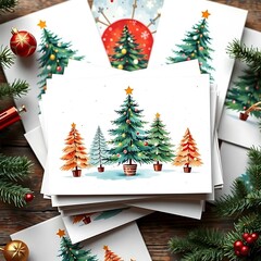 A top view of a stack of Christmas cards featuring watercolor and modern Memphis-style designs with Christmas trees. Perfect for stock use in holiday promotions, stationery, and festive social media