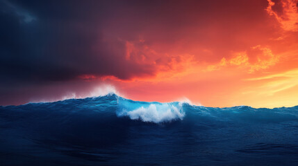 Fototapeta premium dramatic ocean wave rises in electric blues and fiery oranges, capturing intense beauty of nature at sunset. contrasting colors evoke sense of awe and tranquility