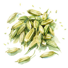 A watercolor clipart of fennel seeds, isolated on a white background. Fennel seeds vector.