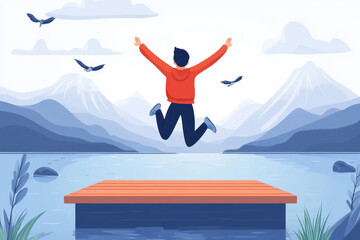 Obraz premium Seize the day. A person jumps joyfully from a dock into a serene lake, surrounded by mountains and flying birds, capturing a sense of freedom and adventure.