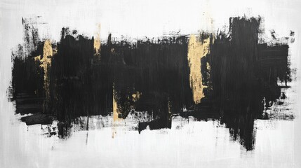 Abstract black and gold paint strokes on white background.