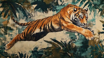 Obraz premium Leaping Tiger in Lush Jungle: A Powerful Artwork