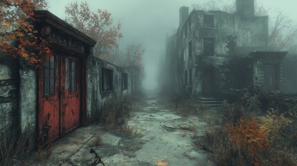 Foggy autumn alleyway with dilapidated buildings and red door.
