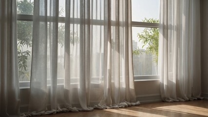 Fototapeta premium Sunlight streaming through sheer curtains in serene room
