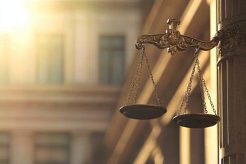 Fairness scales of justice stand against the backdrop of a courthouse building.