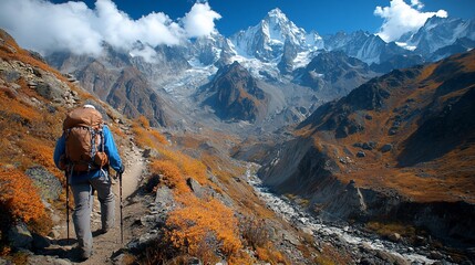 Hiker trekking mountain trail with autumn foliage and snow-capped peaks.