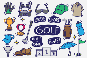 set of golf doodles with color good for background, wallpaper, icons, element design, etc