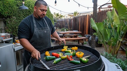 A chef grills colorful bell peppers and jalape?os on a large outdoor grill in a backyard setting.