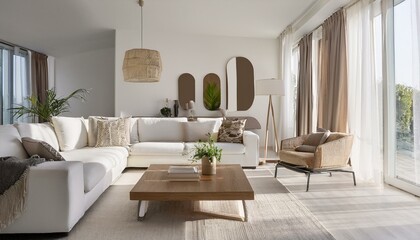Fototapeta premium Incorporating natural elements in white and neutral living room designs