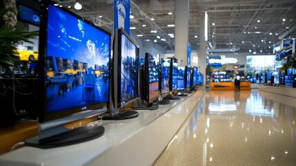 Electronics store showcasing various high-definition televisions in a modern retail space