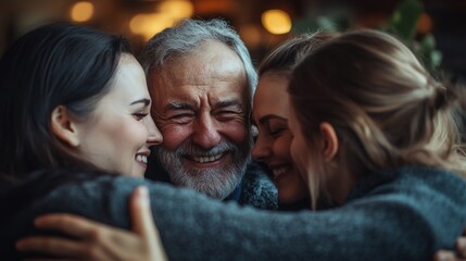 Happy family, daughters hugging father, joyful reunion, warm embrace, close-up.