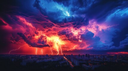 Obraz premium Dramatic lightning storm over city at night.