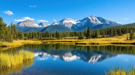Peaceful Mountain Landscape with Snow-Capped Peaks and Reflecting Lake