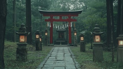Red torii gate at a Japanese shrine, stone lanterns illuminate path in misty forest.