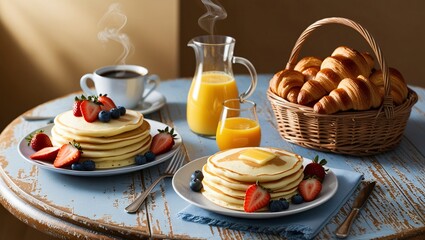 Breakfast spread with items like pancakes, fruit, coffee, and juice, arranged on a rustic wooden table