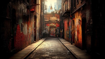 Fototapeta premium Sunlit cobblestone alleyway with graffiti-covered brick walls.