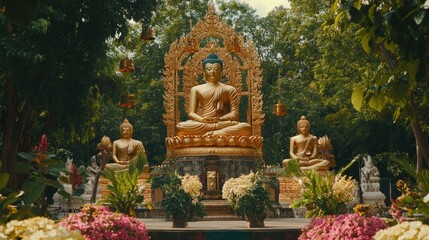 Obraz premium Golden Buddha statue in serene garden setting, flanked by smaller statues and lush flowers.