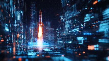 Fototapeta premium A rocket launching through a futuristic digital cityscape.