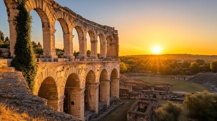 Fototapeta premium Majestic Roman amphitheater ruins at sunset, showcasing ancient architecture and golden hour light.