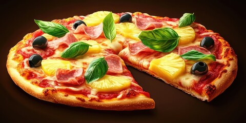 Slice of pizza with olives, basil, and pineapple. The pizza is cut in half