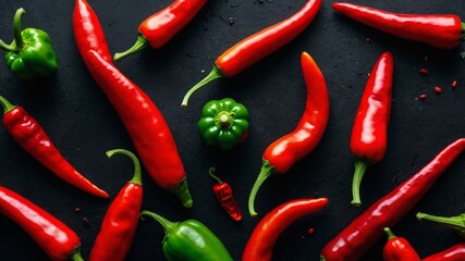 Variety of chili peppers on black background