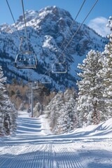 Fototapeta premium Snowy Chairlift Ride Tranquil Ascent to a Winter Wonderland, Offering a Perfect Snowy Escape