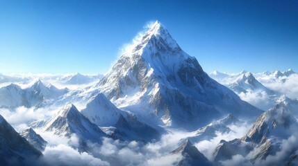 Obraz premium Majestic snow-capped mountain peak rises above a sea of clouds under a vibrant blue sky.