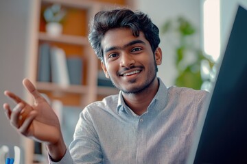 Naklejka premium Indian male with a smile, gesturing while sitting at his desk in an office environment.