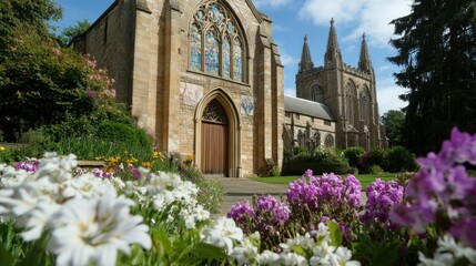 Historic church with vibrant flowers in foreground on sunny day.