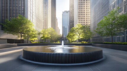 Calm urban oasis circular fountain, skyscrapers, and lush green trees in morning sunlight.
