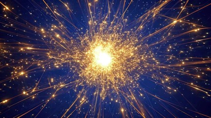Fototapeta premium Abstract golden energy burst radiating from bright core in dark blue space.