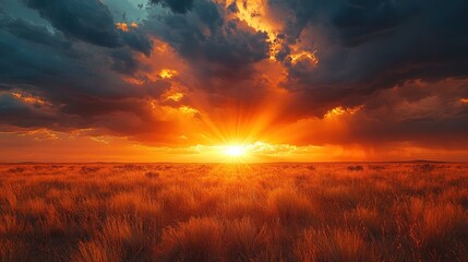 Obraz premium Vibrant sunset over a vast, golden field with dramatic clouds.