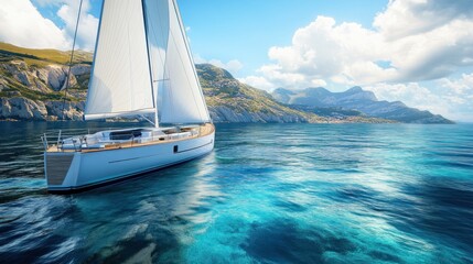 Fototapeta premium Sailing yacht glides on turquoise sea near majestic mountains under a sunny sky.