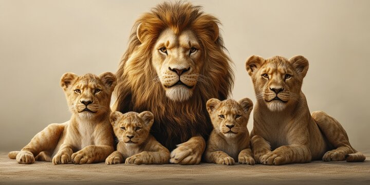 Majestic lion family portrait; father with three cubs.