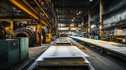 Fototapeta premium Industrial factory interior showing metal sheets moving on a conveyor belt through a large production line.
